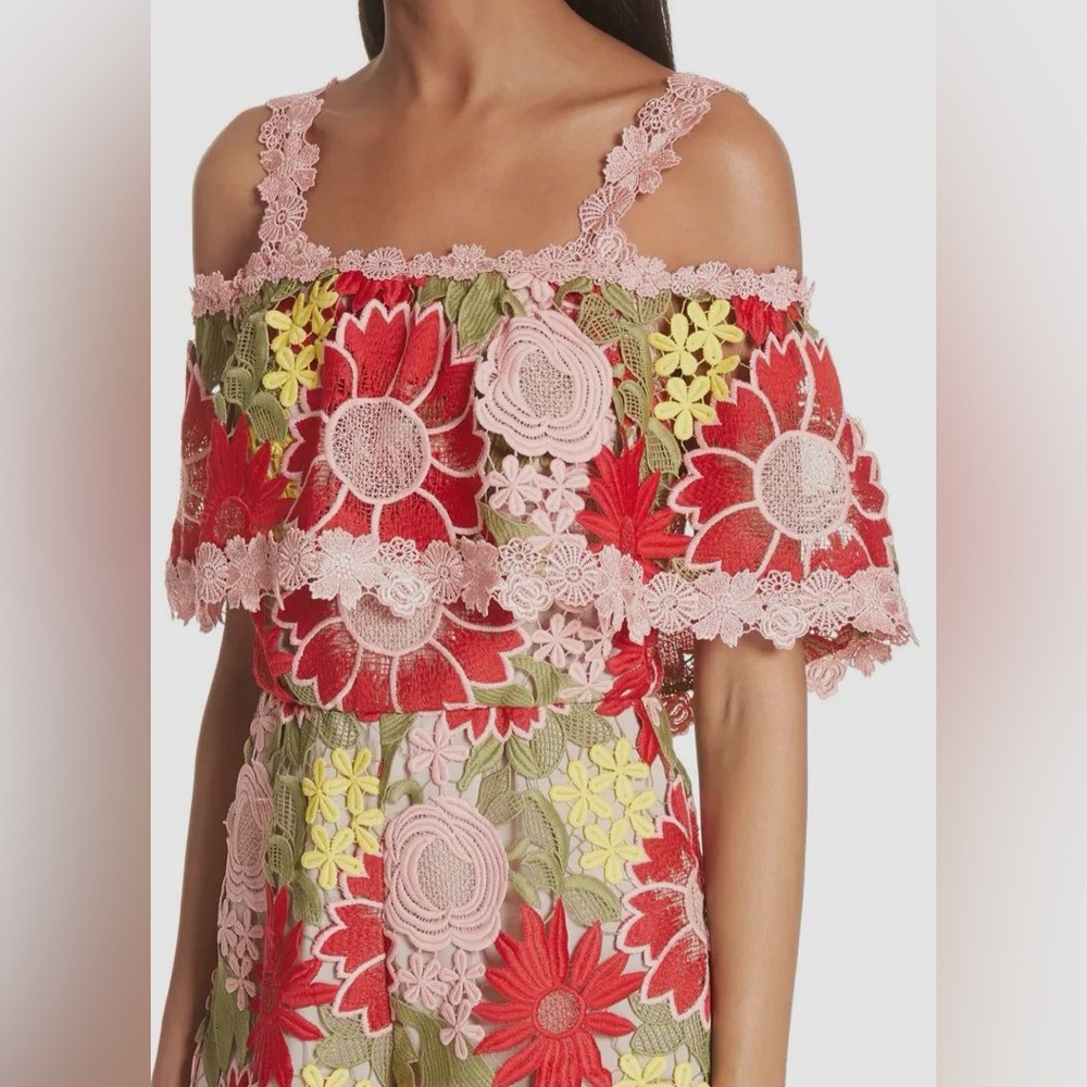 Alice + Olivia Women's Red Anelle Lace Ruffle Romper Size Small 4 - Picture 5 of 5